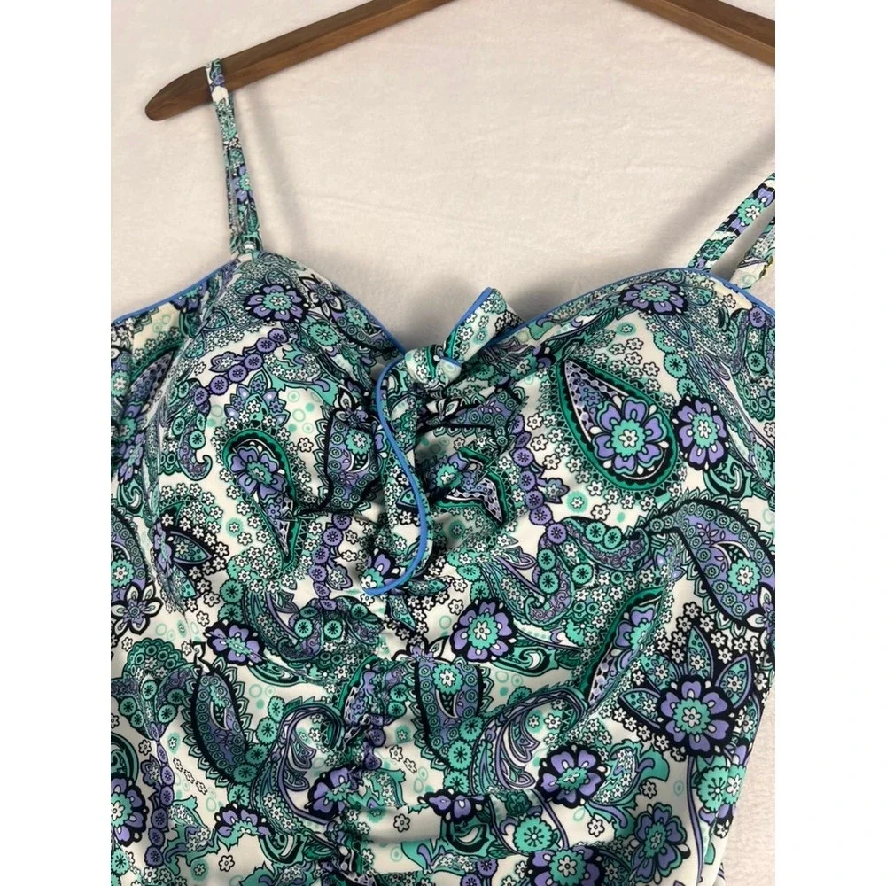 Fit 4 U One Piece Swimsuit W 12 Teal Purple Paisley Fit 4 Ur Tummy Ruched Beach - Picture 5 of 13